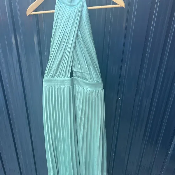 Lulus Totally Charming Sage Green Satin Pleated Halter Midi Dress L - Image 5