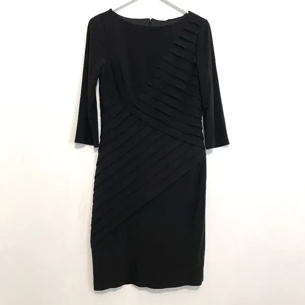 ADRIANNA PAPELL Black Shutter Pleat Pleated 3/4 Sleeve Jersey Knit Sheath Dress - Image 3