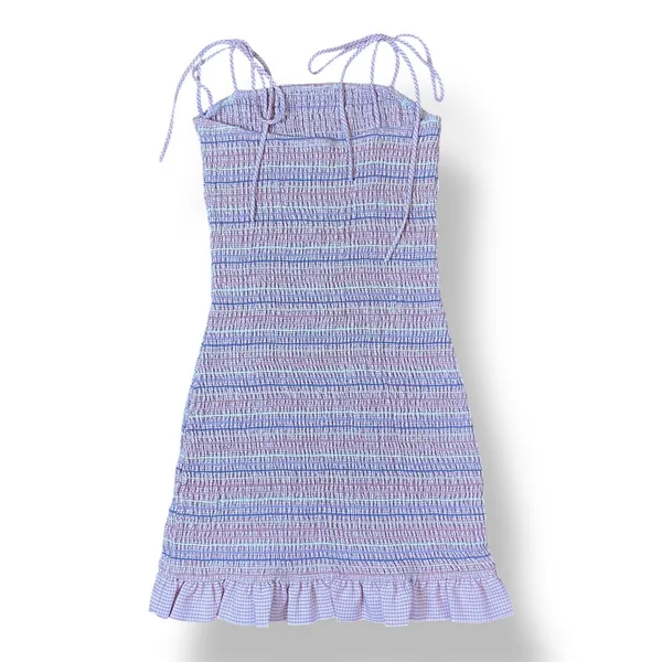 Storia Smocked Striped Gingham‎ Ruffled Mini Dress Size M Preppy Flirty - Image 3
