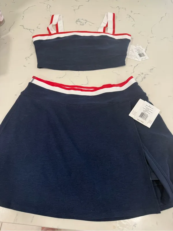 Beyond Yoga Navy Skater Skirt with Red and White Stripe Waistband - Image 2