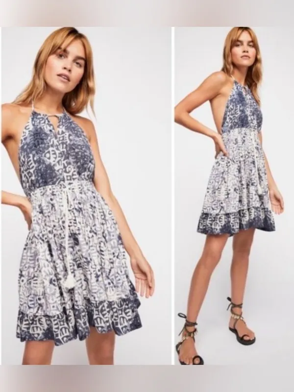 Free People Blue Open Back Halter Mini Dress XS Boho Festival Beachy - Image 3