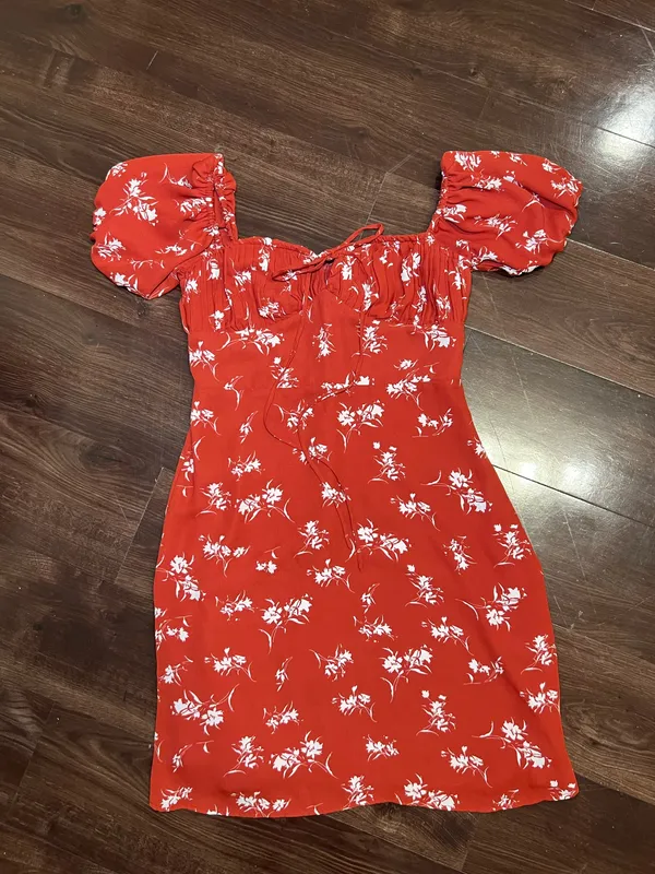 Simple Retro Floral Mini Dress Puff Sleeves Size Small - Image 2