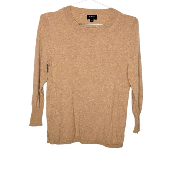 J. Crew 100% Cashmere Crewneck Sweater Heather Camel Tan 3/4 Sleeve Size S - Image 2