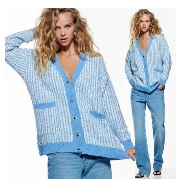 ZARA Blue Chunky Oversized Tweed Striped Button Cardigan Sweater Size S - Image 2