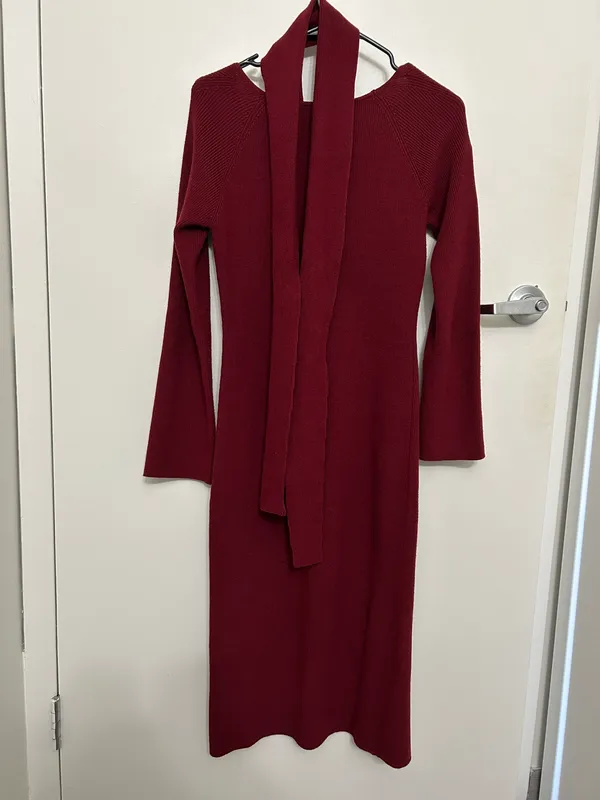 Maroon Sweater Dress With Belt Red Size L - Image 2