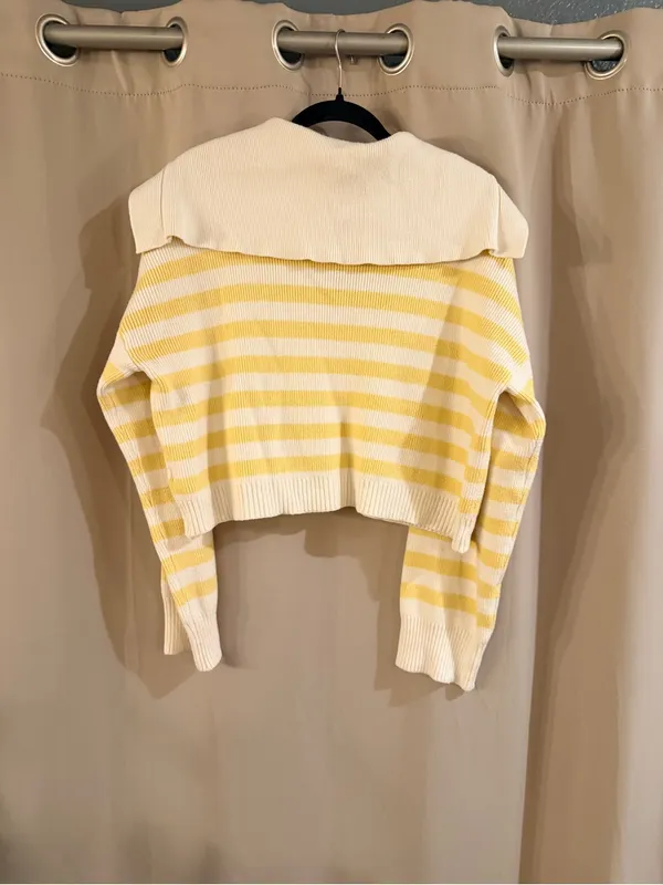 Sincerely Jules Yellow & White Striped V-Neck Hooded Cropped Sweater - Image 2
