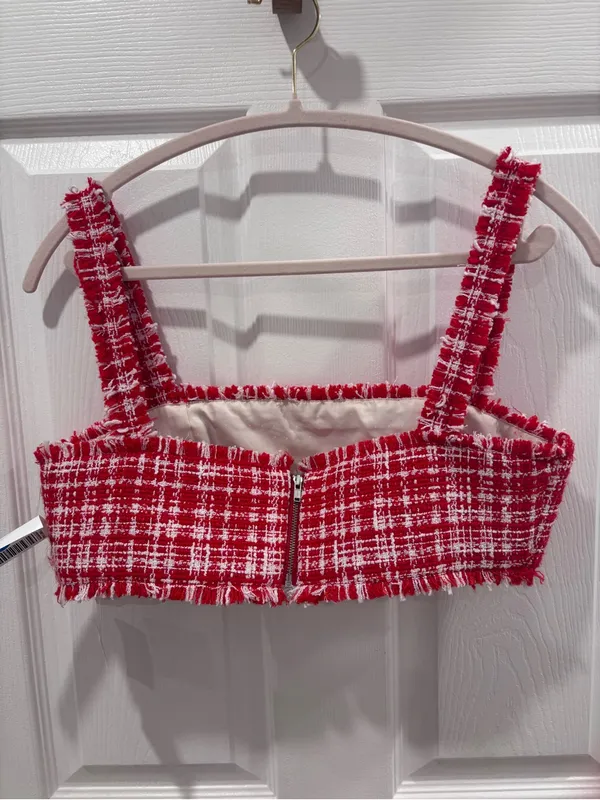 Self Portrait Red & White Boucle Square-Neck Crop Top size 6 - Image 12