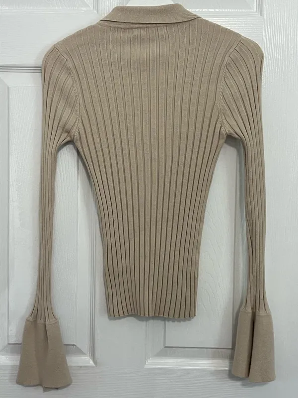 More To Come Ribbed Knit Collared Cardigan Top Beige Revolve Bell Sleeve S - Image 3