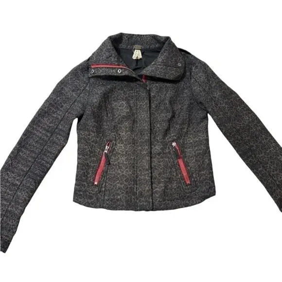 We The Free Moto Jacket‎ Leopard Print Red Trim Pockets Full Zip Size 2 - Image 3