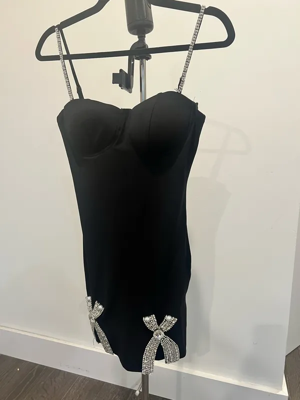 Black Rhinestone Bow Bodycon Mini Dress - Image 3