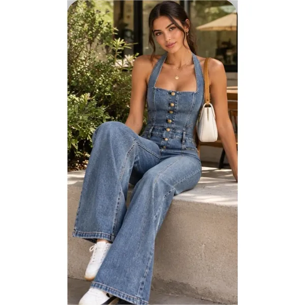 Alice + Olivia Pennie halter denim bootcut jumpsuit 29 - Image 3