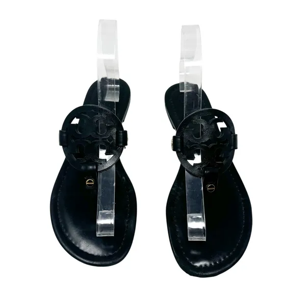 Tory Burch Miller Black Matte Leather Logo Medallion Flat Sandals Size 8 - Image 2
