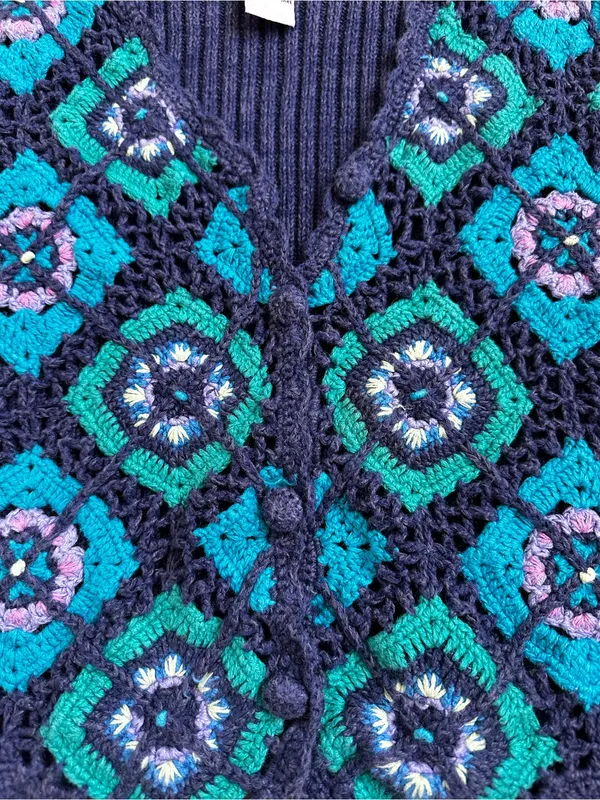 Vintage Koret Crochet Granny Square Cardigan Sweater Vest 70s Retro Cottagecore - Image 3