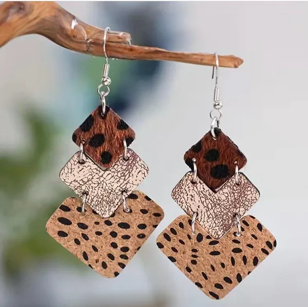 NEW animal print polka dot layered cow print dangle earrings, Boho earrings brown earrings, western aesthetic - Image 2