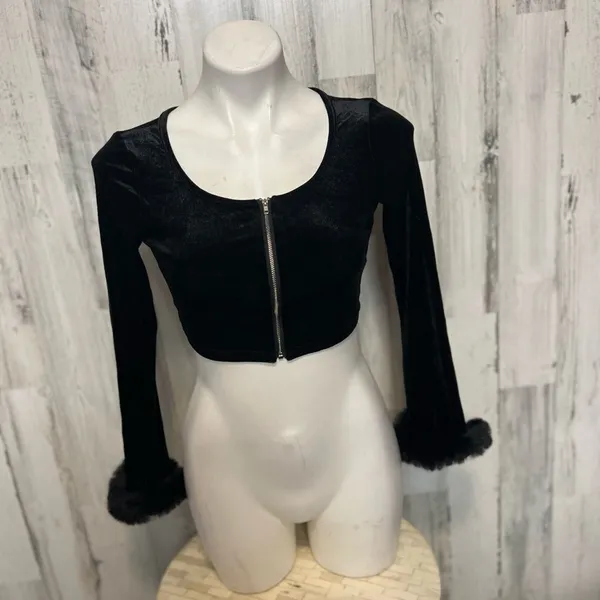 XS Black Velvet Zip Front Crop Top w/ Fur Cuff Sleeves | Long Sleeve Party Top - Image 2