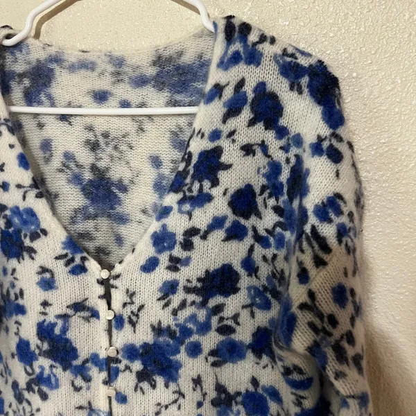 Sézane Lisette Gilet Floral V neck button front mohair Sweater - Blue Peonies XS - Image 3