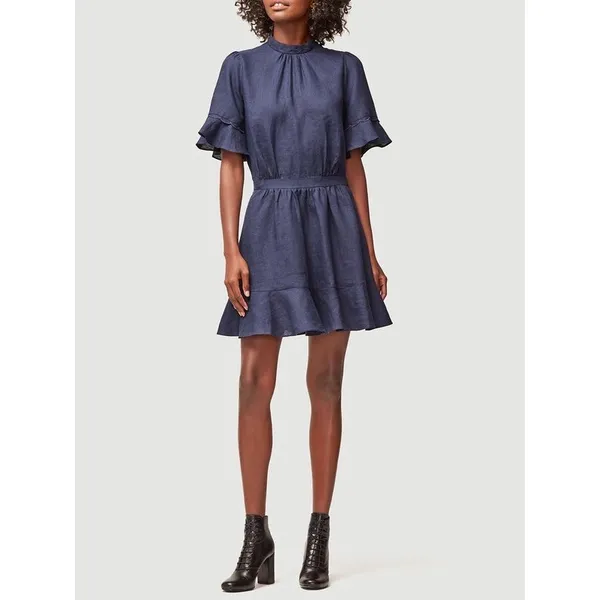 Frame Navy Linen Scallop Mock Neck Flounce Ruffle A-Line Flare Mini Dress XS - Image 2