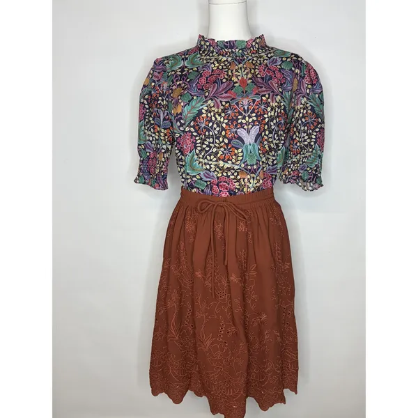 Lottie Rust Brown Eyelet Embroidered Scalloped Mini Skirt Boho Drawstring Waist‎ - Image 2