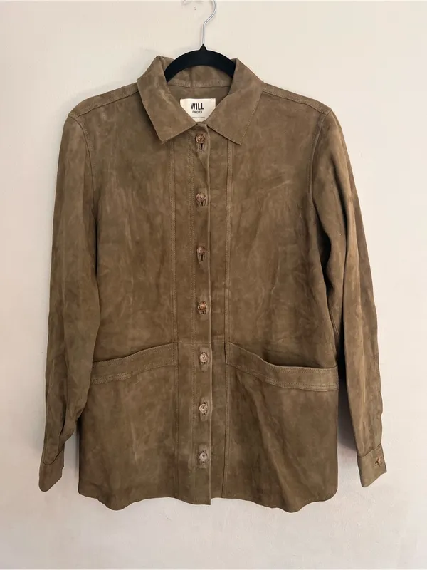 Sezane Camel Suede Goat Leather Will Jacket Olive Green Size Small - Image 3