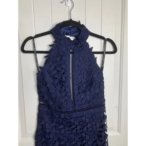 Bardot navy blue Gemma lace floral embroidered halter cocktail dress size‎ small - Image 4