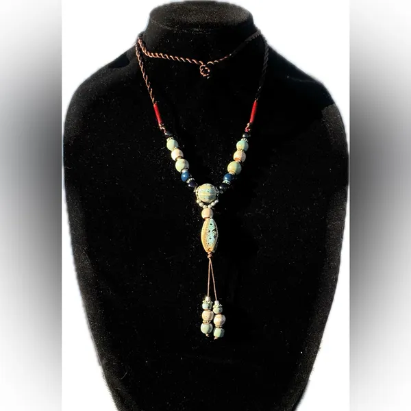 Tahari Elegant Beaded long y-drop Necklace with Blue and Brown Accents 36” - Image 4