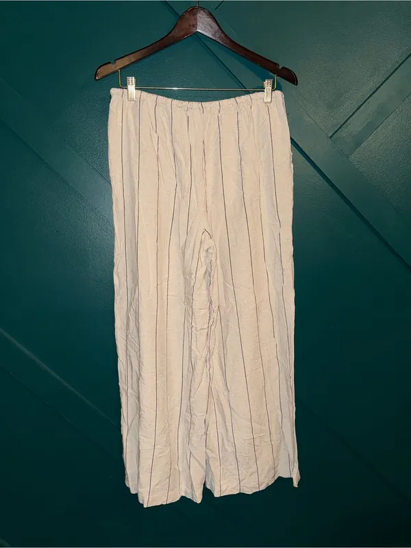 Boho Linen Blend Striped Wide Leg Lounge Pants Cream Drawstring Coastal Grandma - Image 3