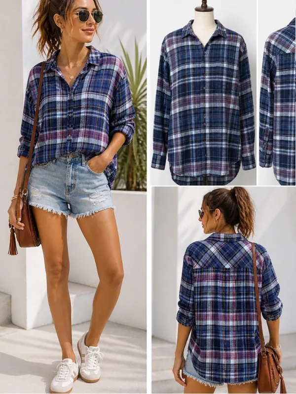 Aerie | EUC Cotton Navy & Purple Plaid Flannel Oversized Button-Down Shirt (S/M) - Image 2