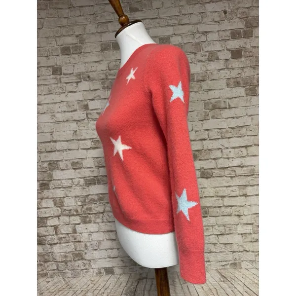 CYNTHIA ROWLEY 100% 2- PLY CASHMERE Sweater Coral Red Stars Embellished Sz‎ M - Image 2