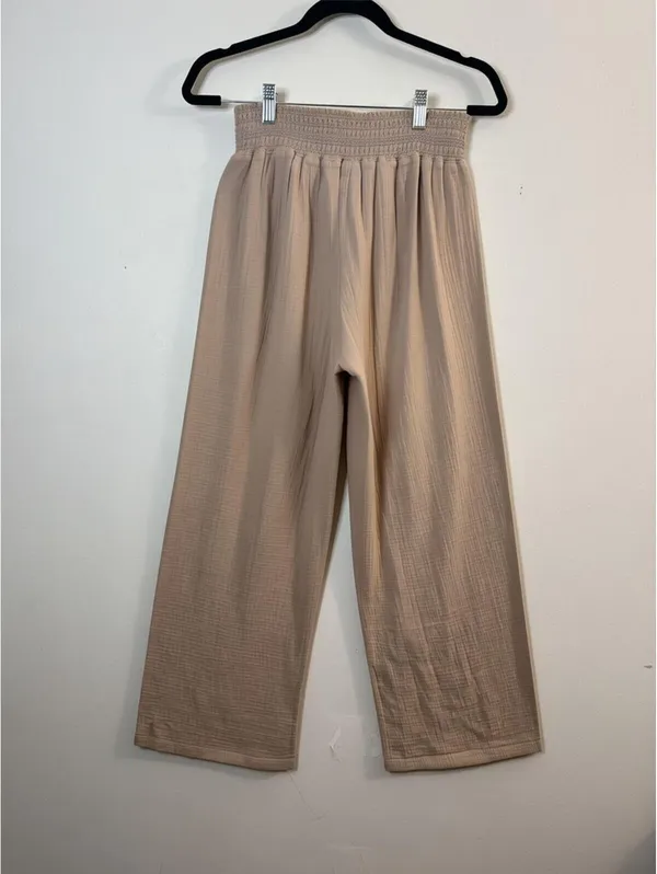 Happily Grey Women’s Medium Beige Cotton Gauze Wide Leg Pants Smocked Waist Boho - Image 2