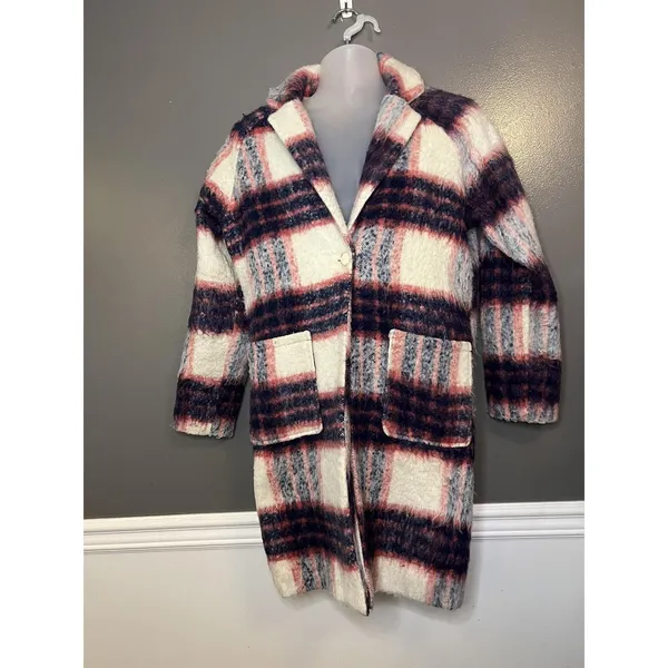 Glamorous Coat Womens Medium Pink Navy Cream Plaid Wool Blend Long Lined Boucle - Image 2
