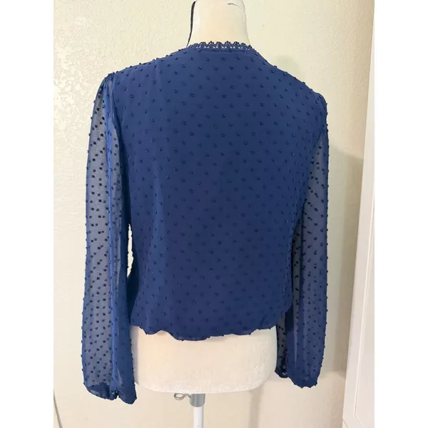 Mi Ami Navy Blue Swiss‎ Dot Lace Trim Faux Wrap Long Sleeve Blouse Medium - Image 4
