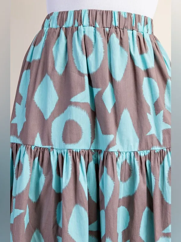 Boutique Geometric Print Tiered Maxi Skirt Taupe Turquoise Boho Resort L - Image 4