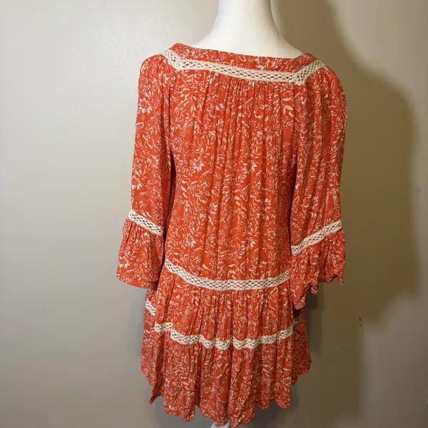 Free People XS Orange Boho Print Tunic Top Blouse W Ivory‎ Crochet Trim Tiered - Image 6