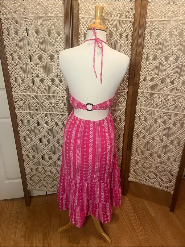 Zara Hot Pink Halter-Style Maxi Dress with White Print - Image 4