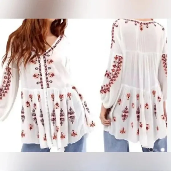 Free People Ariana White and Red embroidered tunic top size X Small - Image 3