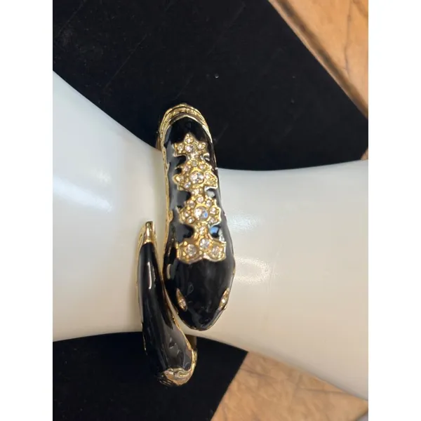 Gold & Black Snake-Inspired Hinged Bangle Bracelet With Rhinestone Embellishment - Image 9