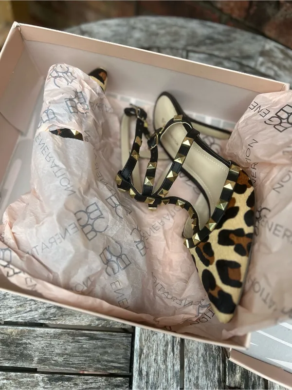 BCBGeneration Leopard Print Studded T-Strap Pumps - Black, Tan & Cream - Image 6