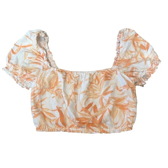 Abercrombie‎ & Fit Puff Sleeve Linen Crop Top Orange Cream Floral Preppy Cottage - Image 2