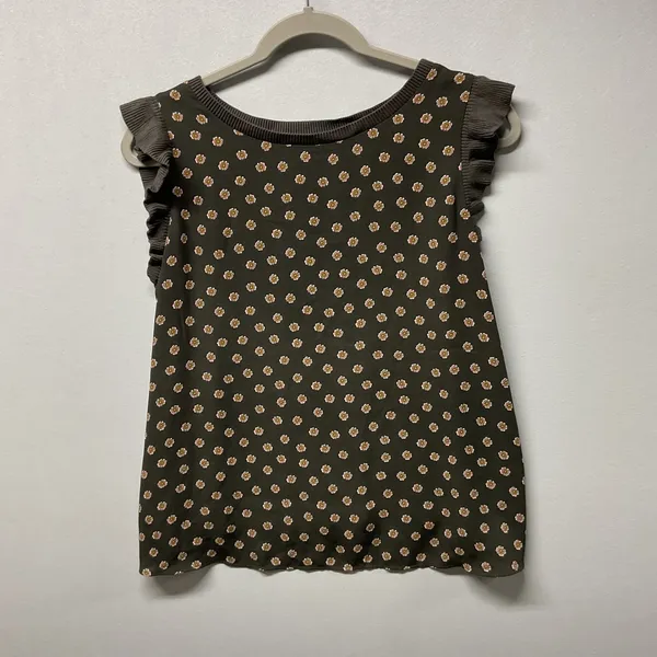 LOFT Petite Womens Top Size M‎ Olive Green Floral Ruffle Sleeve Casual - Image 4