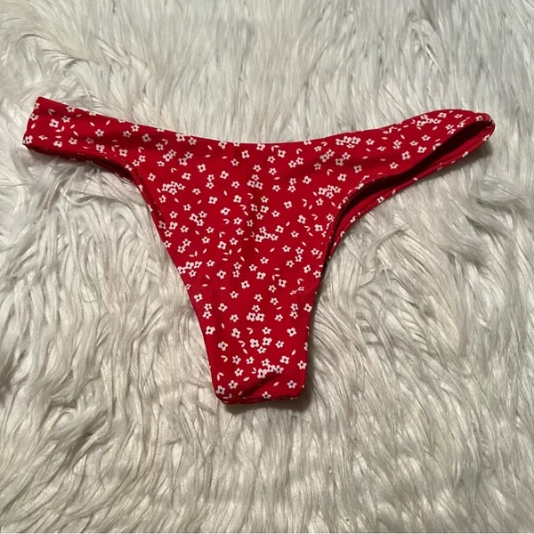 Women's Reversible Bikini Bottom Red White Ditsy Floral High Cut High Waist‎ - Image 5