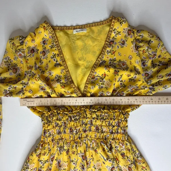 Max Studio Yellow Floral Smocked V-Neck‎ Mini Dress Cottage Boho Feminine Spring - Image 13