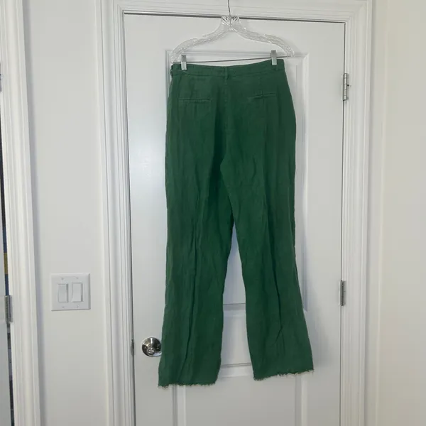 Zara Green Linen Wide Leg Pants High Waisted Frayed Hem Trousers Medium breezy - Image 3
