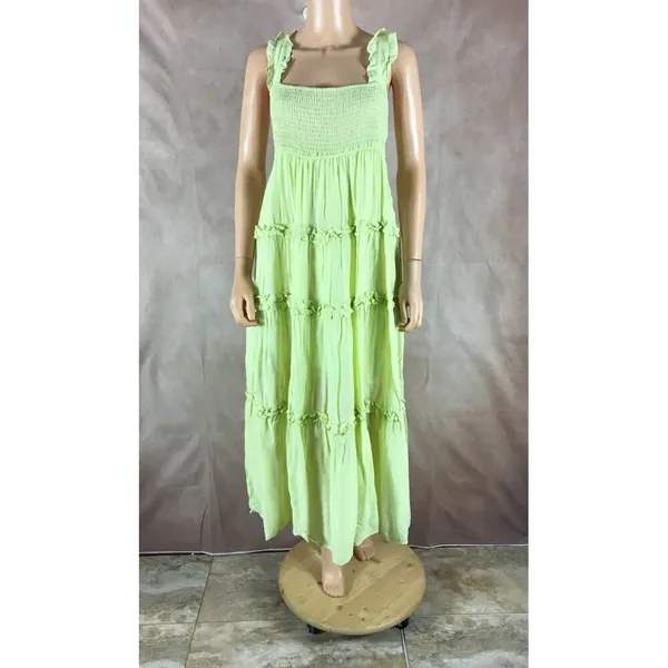LUSH Lime Green Smocked Tiered Ruffled Maxi Dress SMALL - Image 12