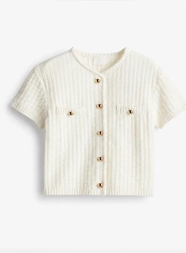 H&M Cream Textured Short-Sleeve Knit Cardigan with Gold Buttons – Size M 🤍 - Image 10