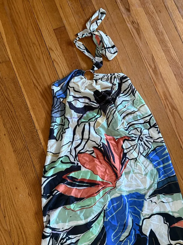 NWT ELAN Botanical Print Ring Halter Neck A-Line Maxi Dress Resortwear S - Image 2
