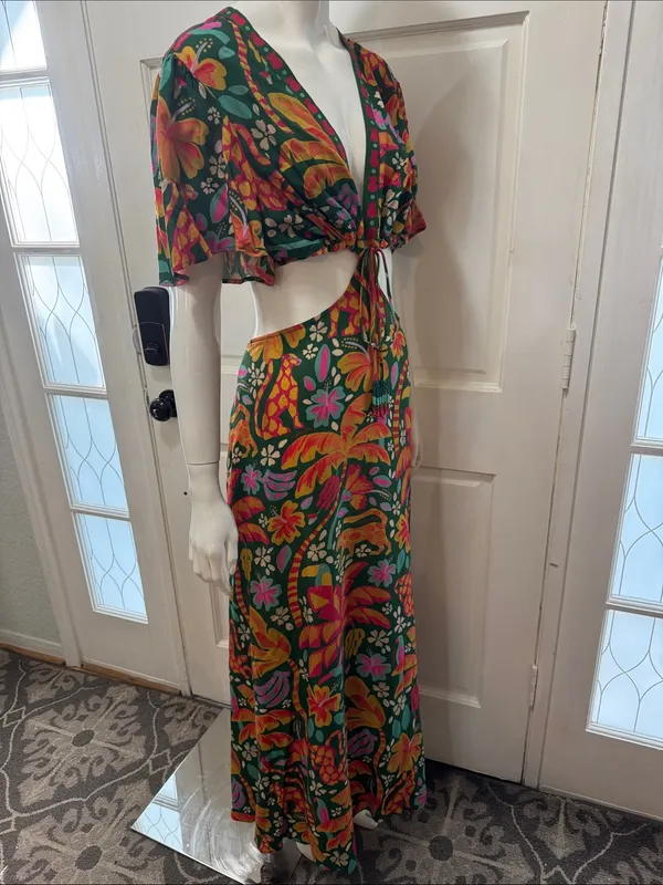 Farm Rio Tropical Cutout Maxi Dress in Green with Pink Orange Floral Print S XL - Image 9