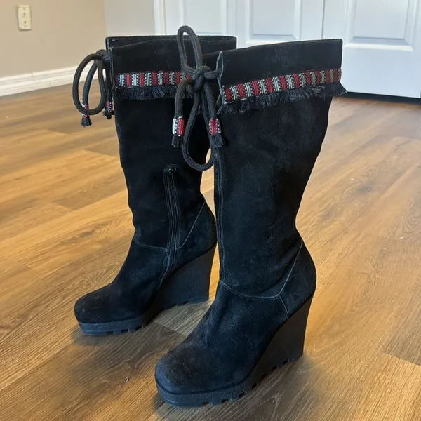 Diane Von Furstenberg Women Jimson Suede Wedge Boho Tribal Fringe Boots‎ Size 7 - Image 4