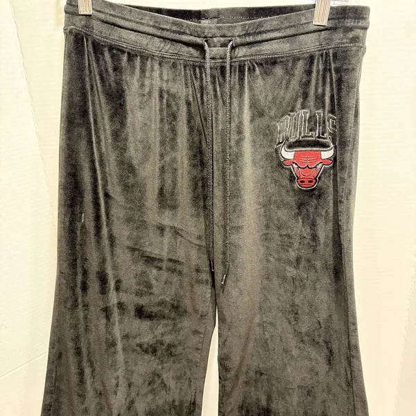 Chicago Bulls Velour Pants Black Stretch Waist Drawstring Flare Womens L - Image 2