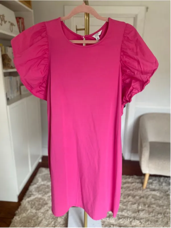 Crown & Ivy Hot Pink Mini Dress Puff Sleeve Preppy Quiet Luxury Barbie Vaca Boho - Image 2