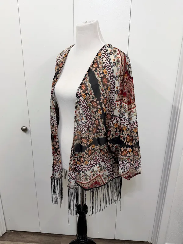 Xhilaration Floral Boho Kimono Cardigan Sheer Fringe Hem Size Large - Image 2